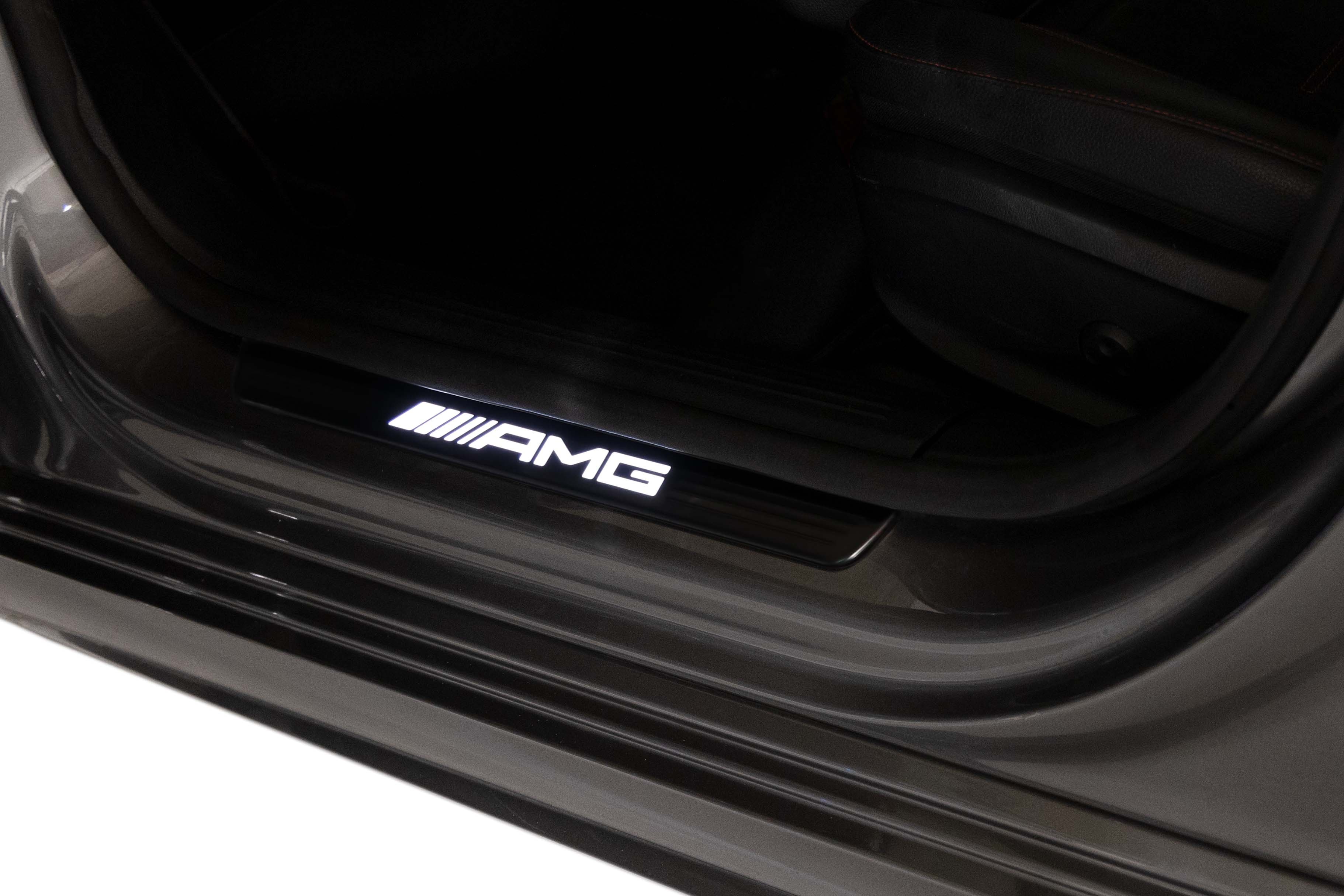 Exchangeable cover for illuminated door sill panel, AMG, Front, set of 2 - Stainless steel, black / white